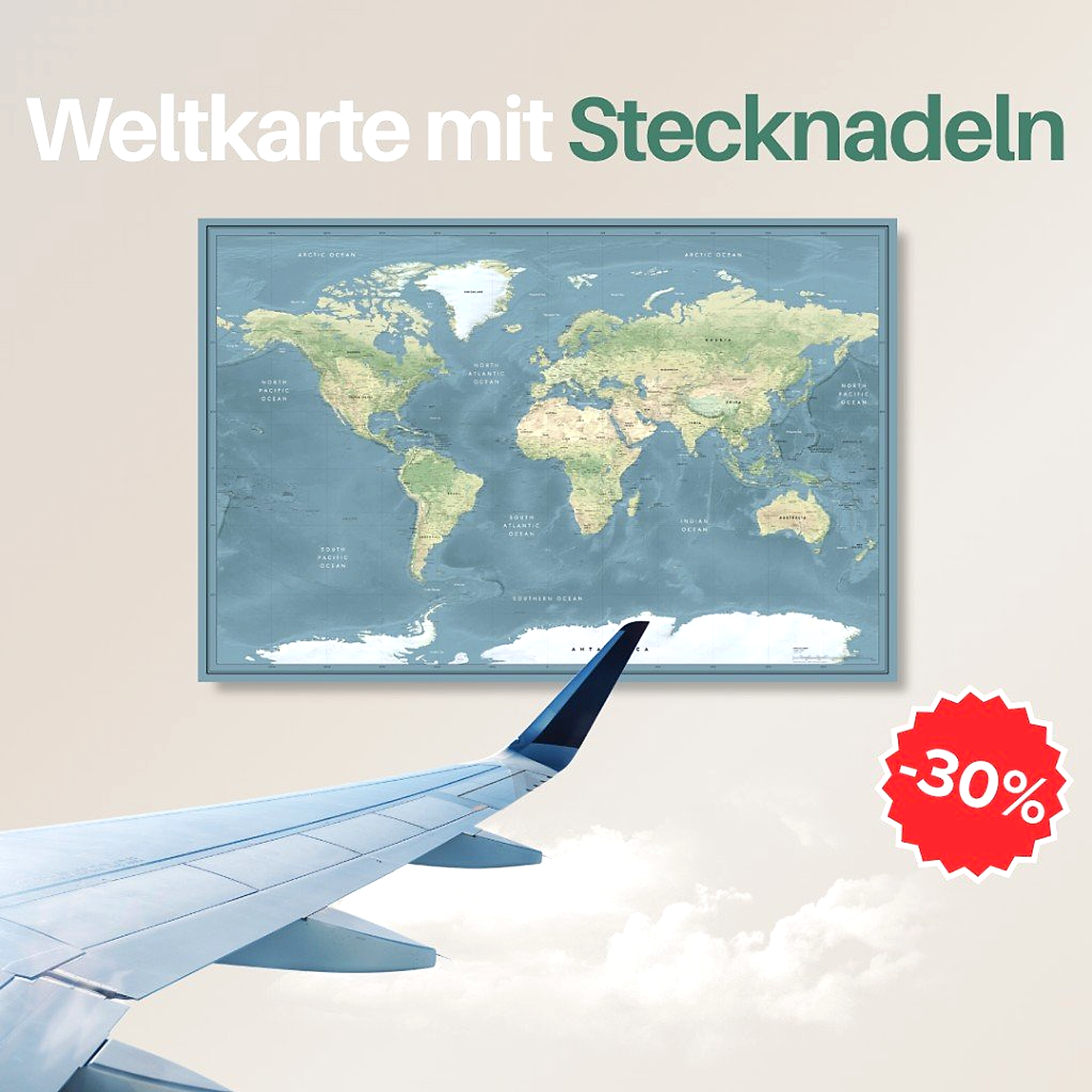Pasaulio žemėlapis su smeigtukais – reklama su 30 % nuolaida